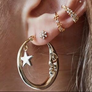 Moon Gold Hoop Earrings with Silver Star Charm